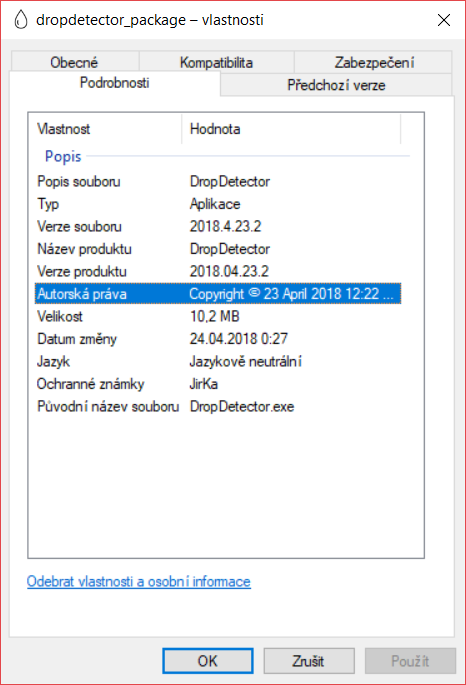 Atributy výsledného EXE souboru.